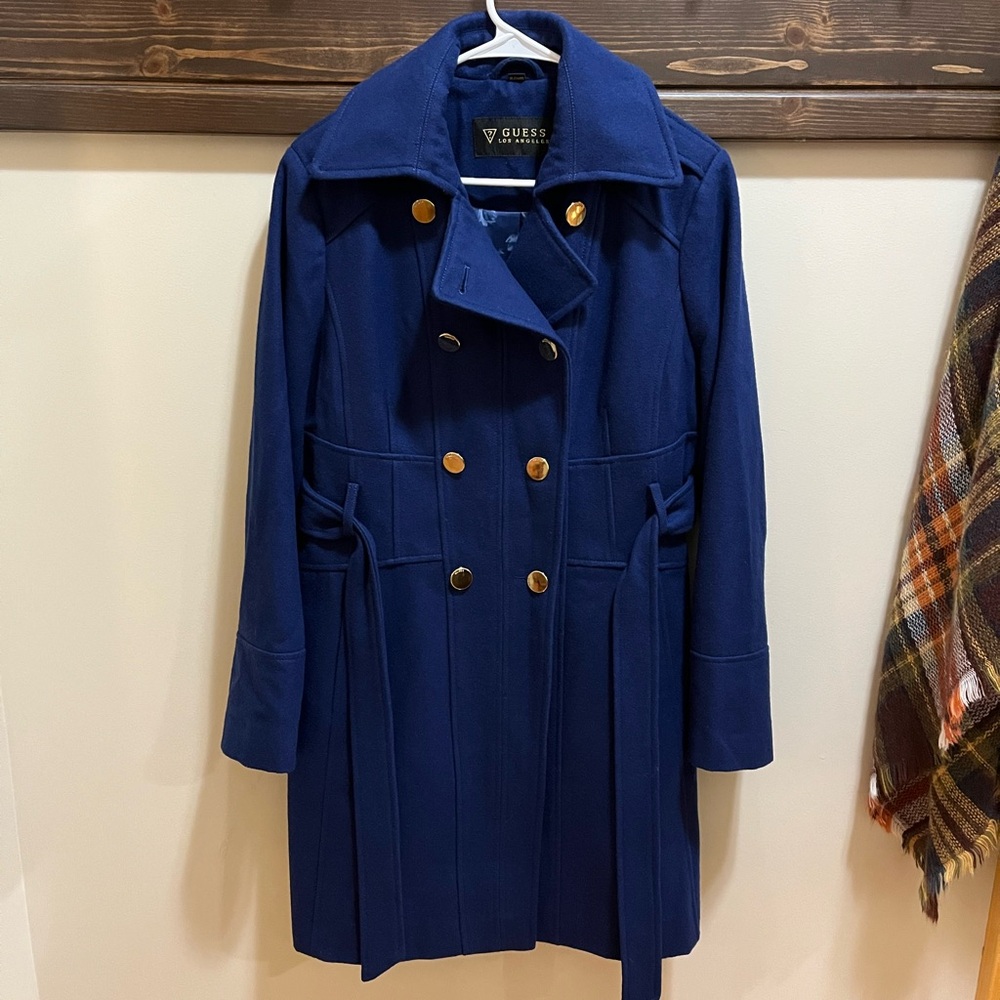 Guess Royal Blue Double Breasted Pea Coat Jacket with Gold Buttons Size XL